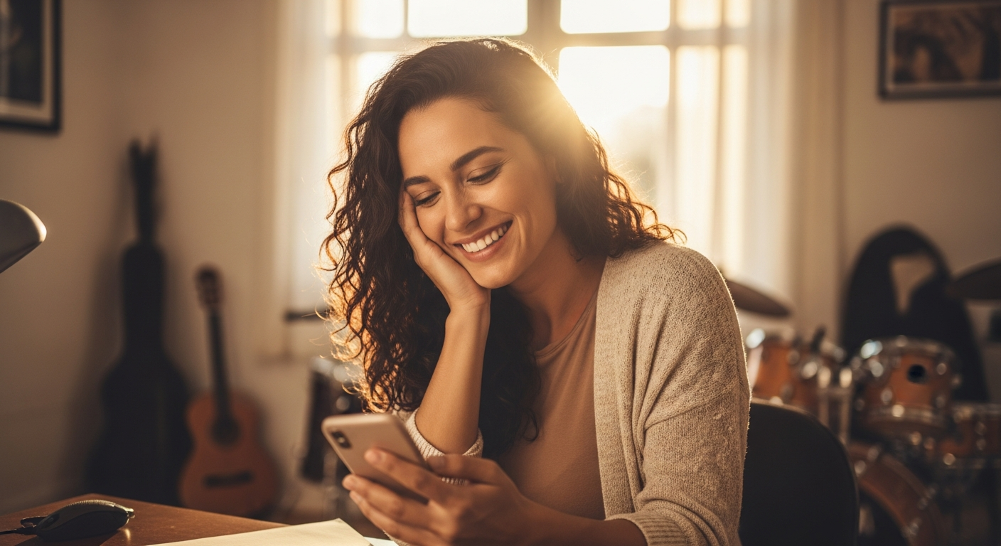 Dona de escola vendo o pagamento cair no celular